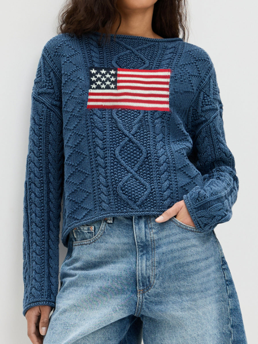 Women's Crew Neck Pullover American Flag Sweater
