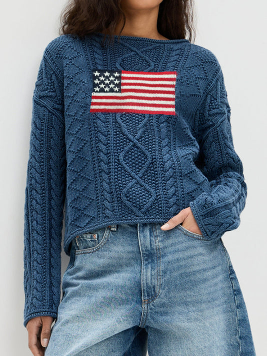 Women's Crew Neck Pullover American Flag Sweater