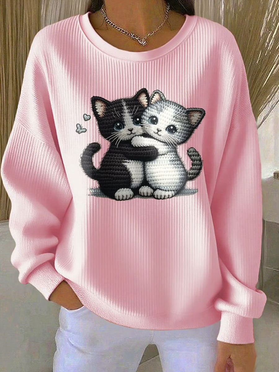 Women's Cut Cat Ribbed Round-Neck Sweatshirt