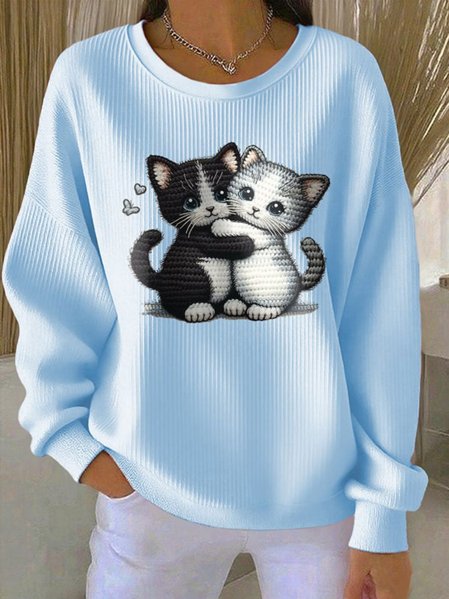 Women's Cut Cat Ribbed Round-Neck Sweatshirt
