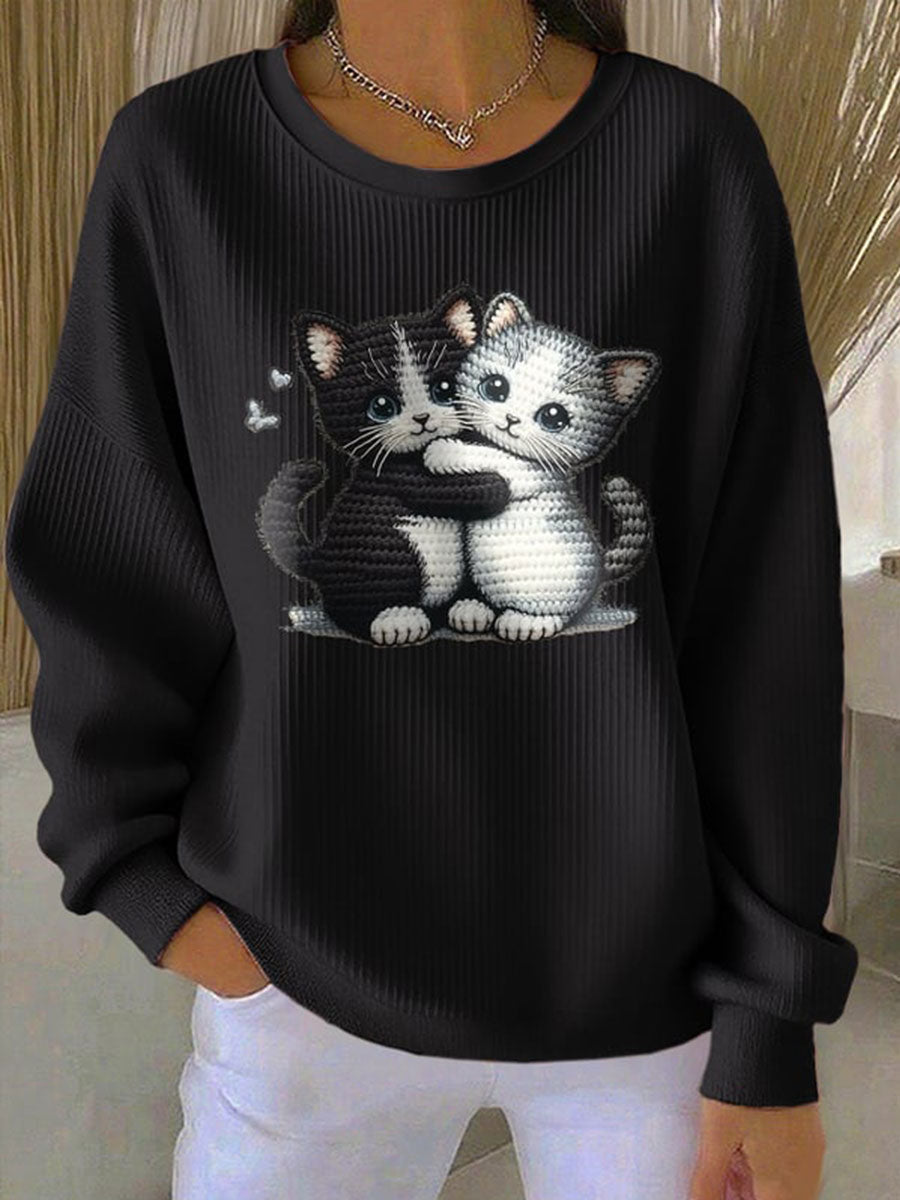 Women's Cut Cat Ribbed Round-Neck Sweatshirt