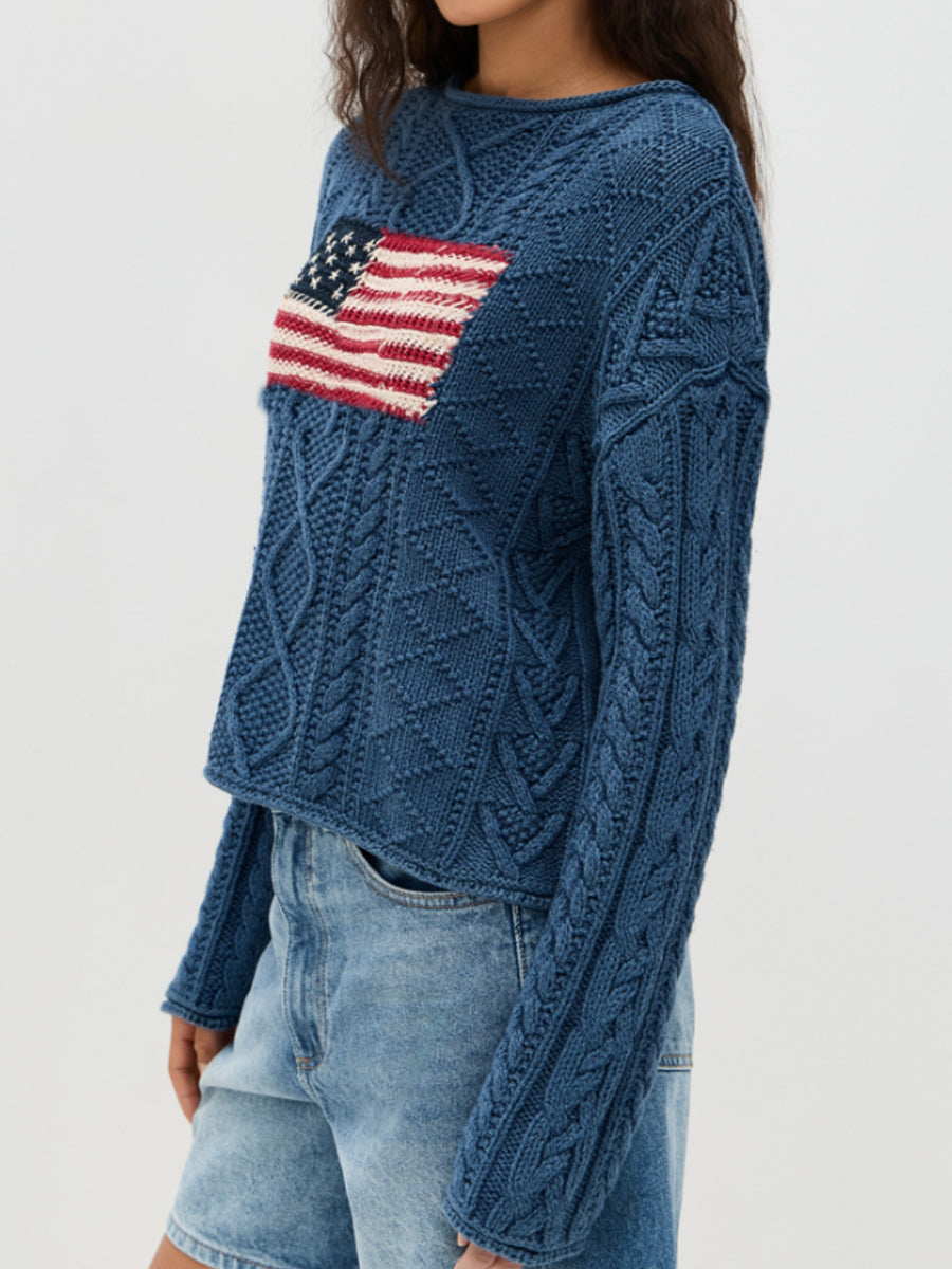 Women's Crew Neck Pullover American Flag Sweater