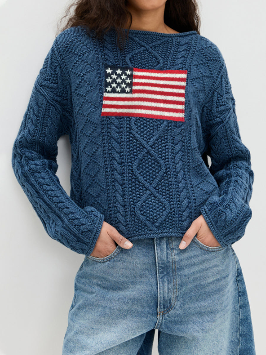 Women's Crew Neck Pullover American Flag Sweater