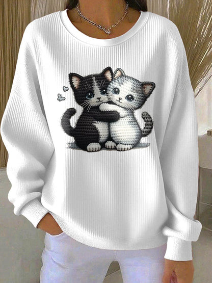 Women's Cut Cat Ribbed Round-Neck Sweatshirt