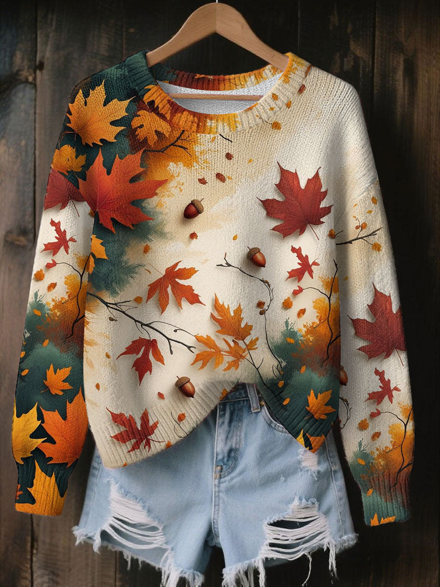 Women's Vintage Autumn Fallen Thanksgiving Print Art Casual Knitted Sweater