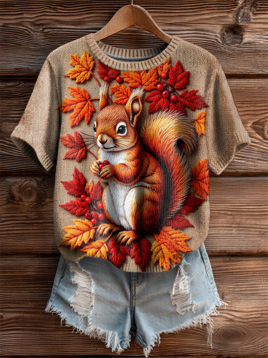 Women's Vintage Autumn Fallen Thanksgiving Squirrel Print Art Cozy Knit Top