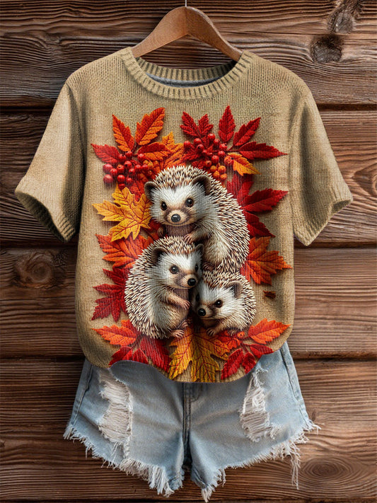 Women's Vintage Autumn Fallen Thanksgiving Hedgehog Print Art Cozy Knit Top