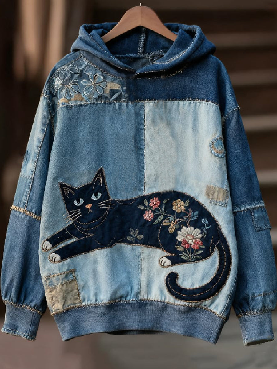 Women's Casual Patchwork Cat Print Hoodie