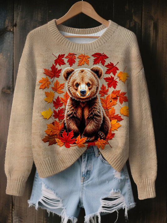 Women's Vintage Autumn Fallen Thanksgiving Bear Print Art Casual Knitted Sweater