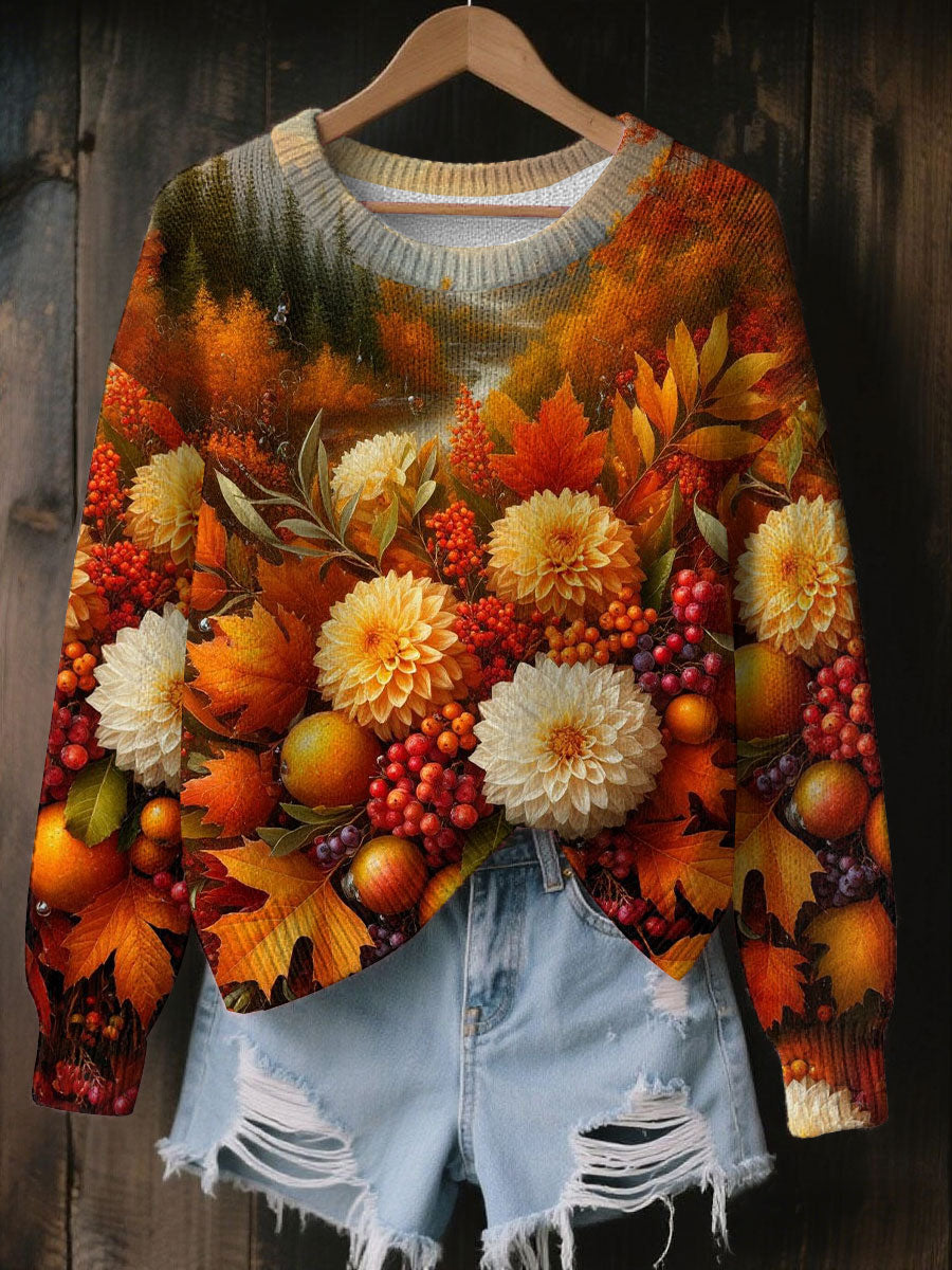 Women's Vintage Autumn Fallen Thanksgiving Print Art Casual Knitted Sweater