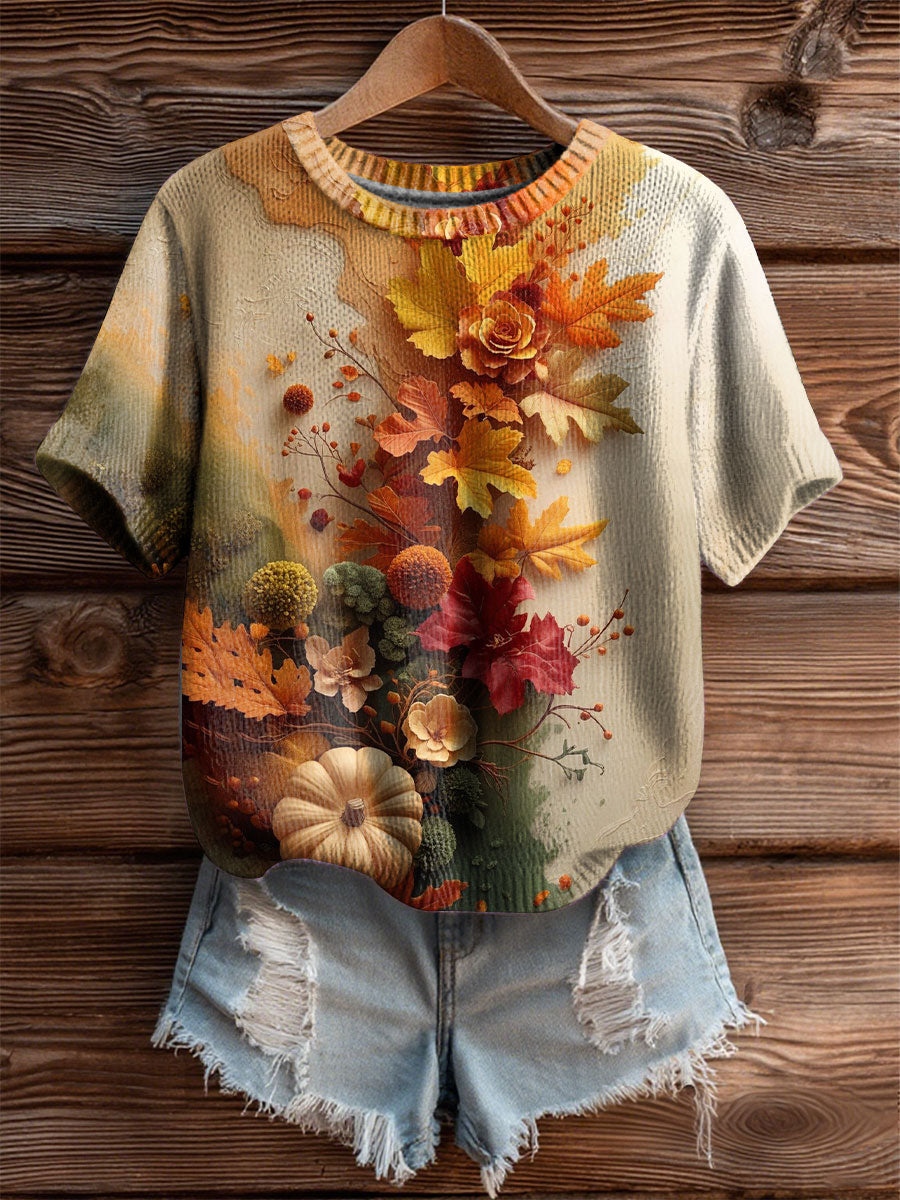 Women's Vintage Autumn Fallen Thanksgiving Print Art Cozy Knit Top