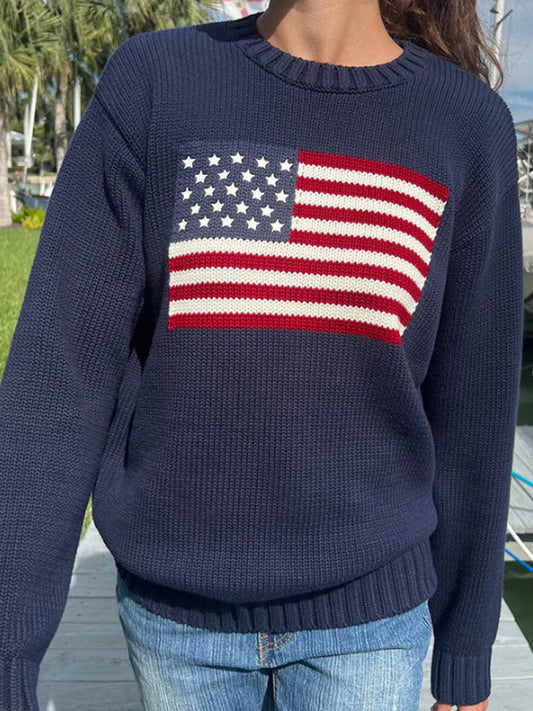 Women's Crew Neck Pullover American Flag Sweater