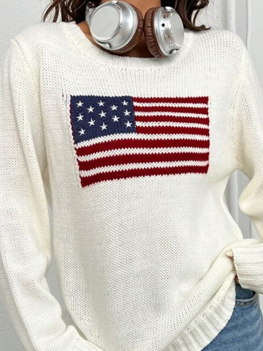 Women's Crew Neck Pullover American Flag Sweater