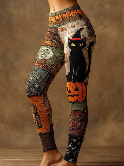 Women's Halloween Black Cat & Pumpkin Patchwork Art Leggings