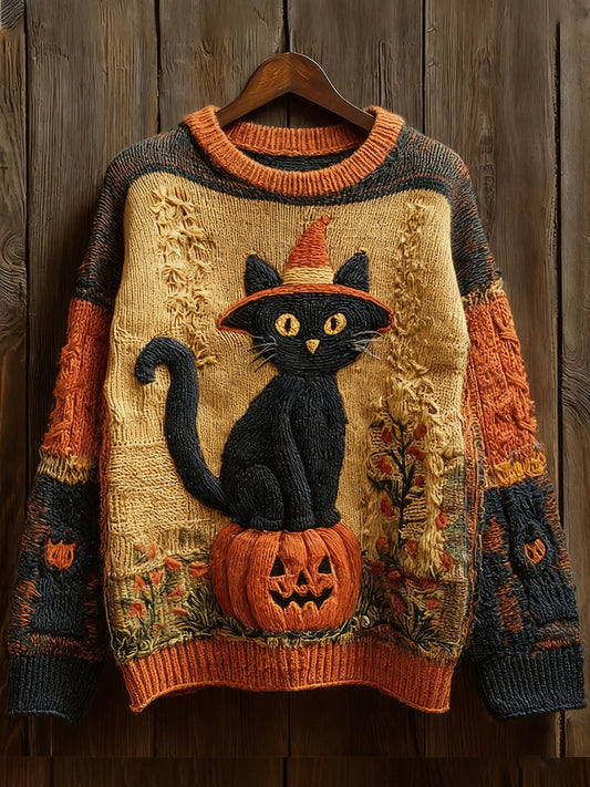 Women's Halloween Witch Cat & Pumpkin Art  Sweater