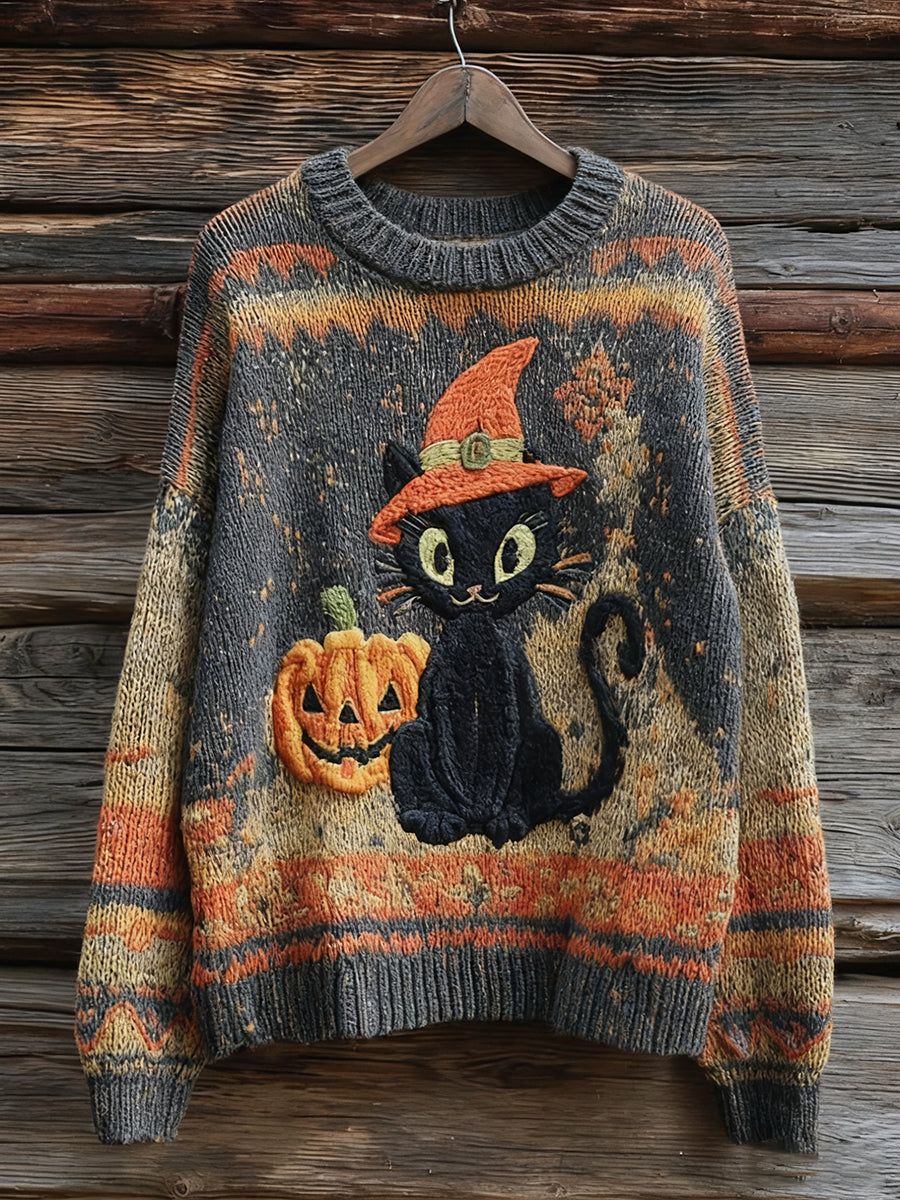 Women's Halloween Witch Cat & Pumpkin Art Sweater