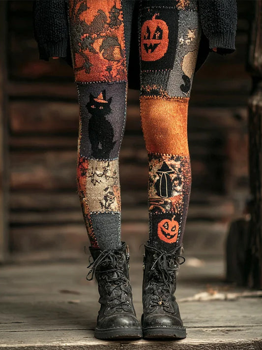 Women's Halloween Black Cat & Pumpkin Patchwork Art Leggings