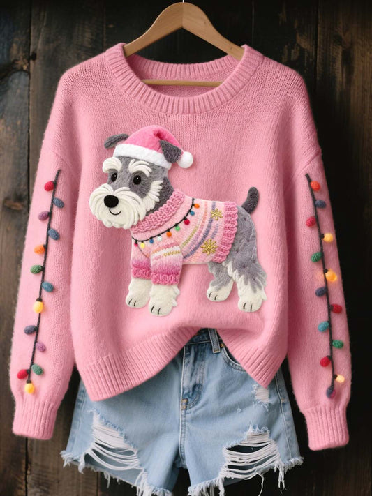 Women's Christmas Schnauzer Dog Felt Art Cozy Knit Sweater