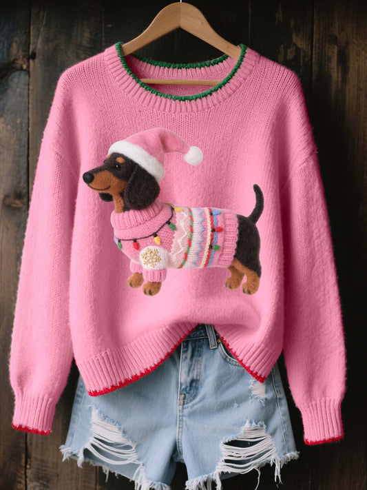 Women's Lovely Christmas Dachshund Felt Art Cozy Knit Sweater