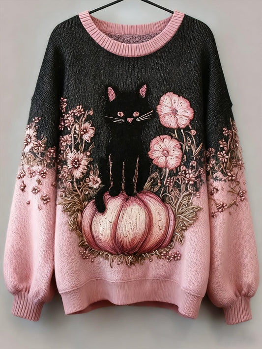 Women's Black Cat & Pink Pumpkin Floral Art Sweatshirt
