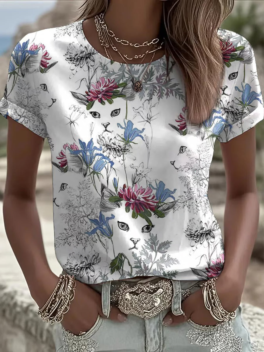 Women's Floral Cat Print Short Sleeve T-shirt