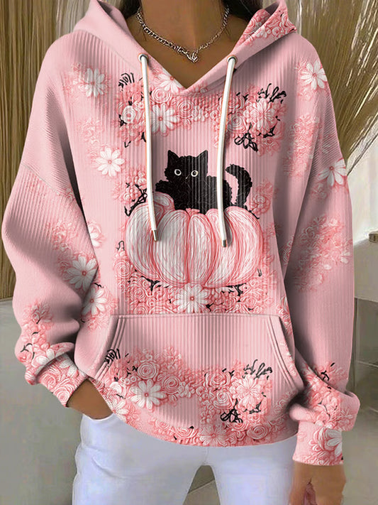 Women's Floral Cat Print Ribbed Hoodie