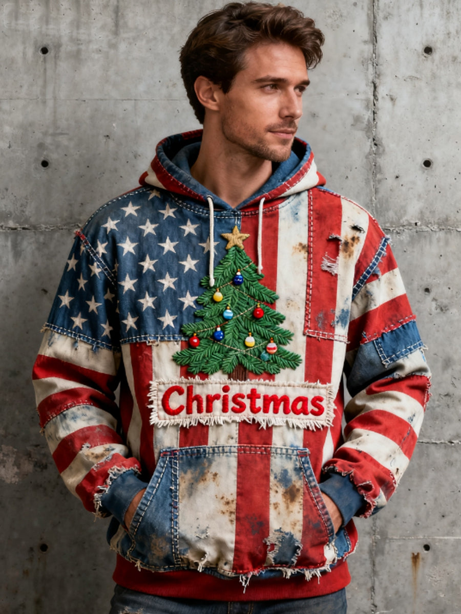Men's Winter Christmas American Flag Patchwork Christmas Tree Oversized Hoodie