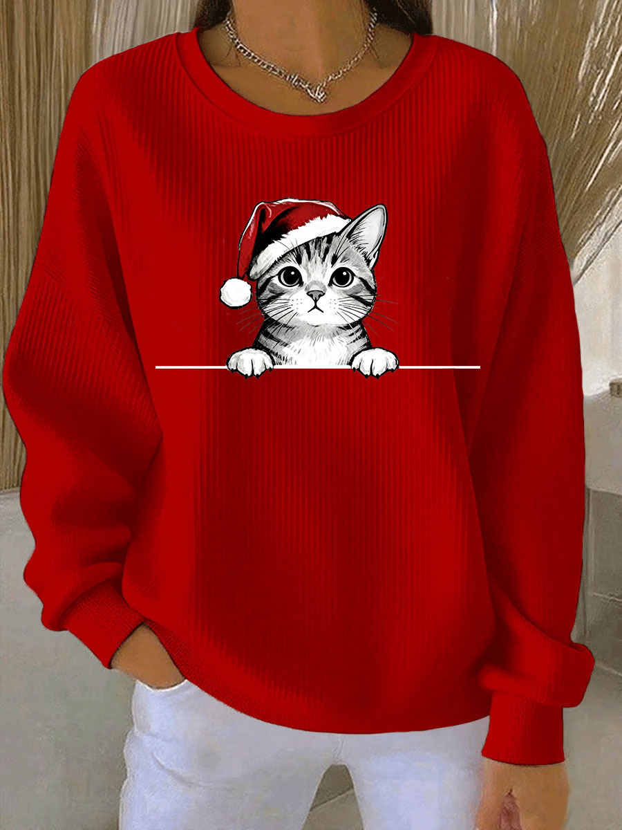 Women's Christmas Hat Cat Ribbed Round-Neck Sweatshirt