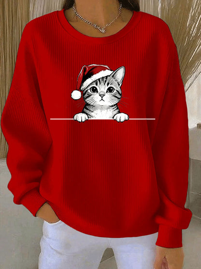 Women's Christmas Hat Cat Ribbed Round-Neck Sweatshirt