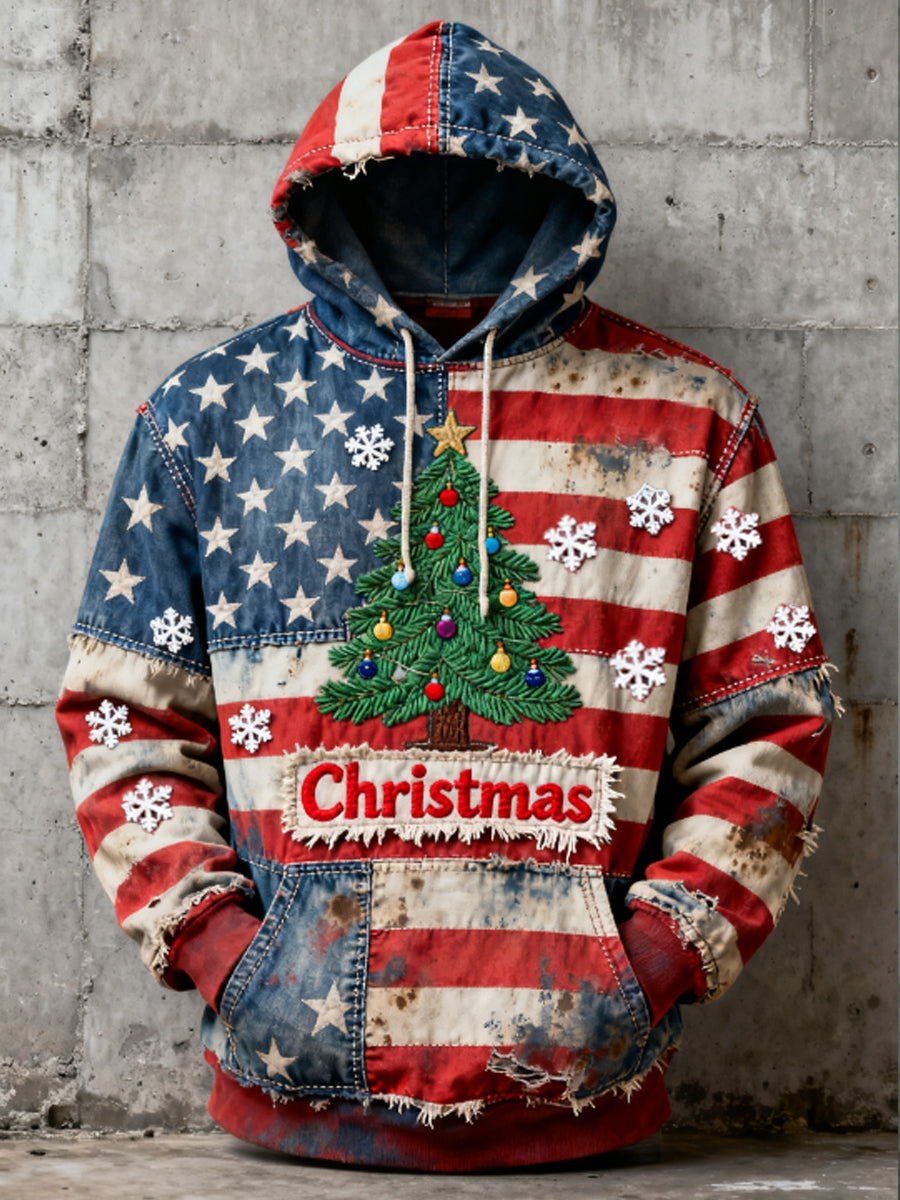 Men's Winter Christmas American Flag Patchwork Christmas Tree Oversized Hoodie