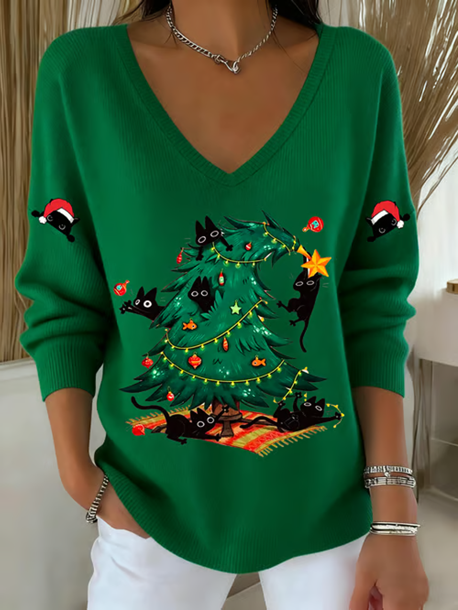 Women's Christmas cat Printed Tops