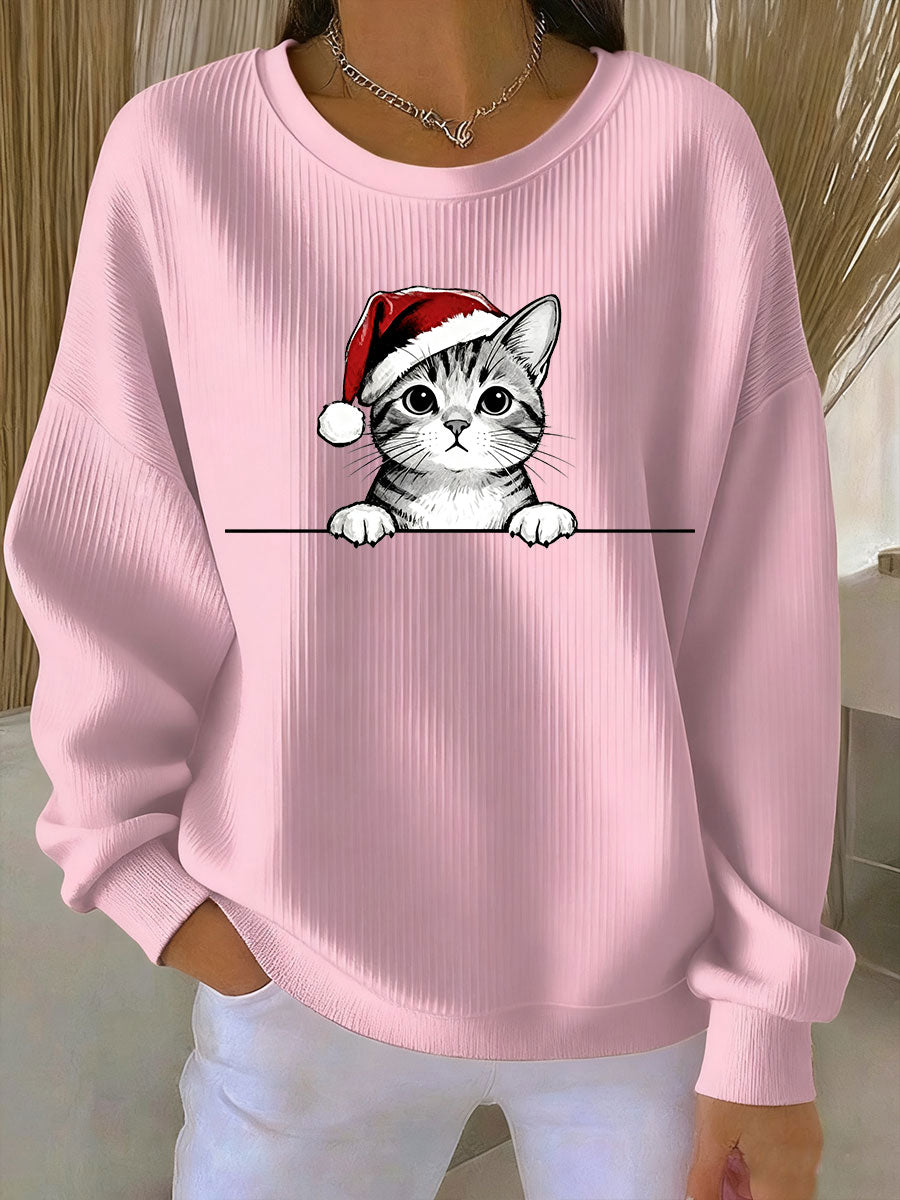 Women's Christmas Hat Cat Ribbed Round-Neck Sweatshirt