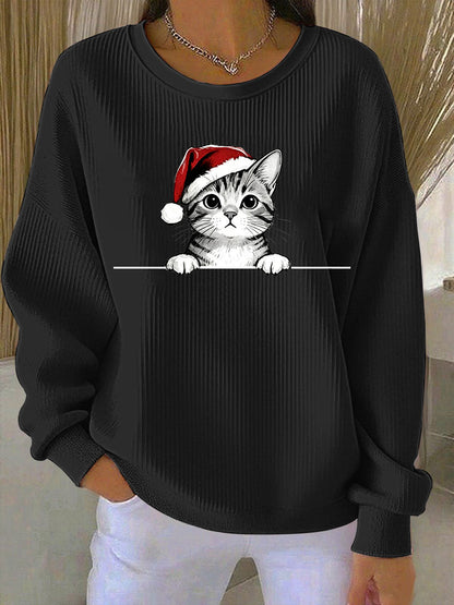 Women's Christmas Hat Cat Ribbed Round-Neck Sweatshirt