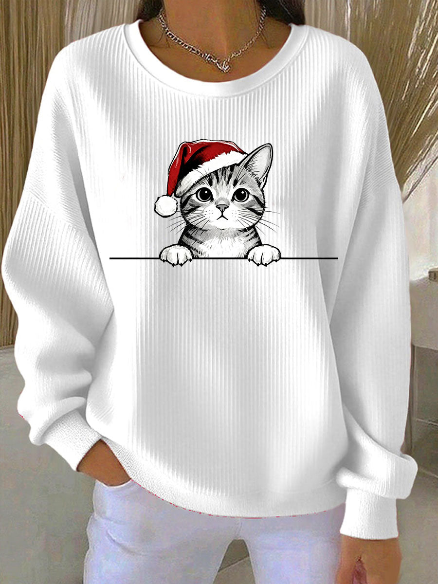 Women's Christmas Hat Cat Ribbed Round-Neck Sweatshirt