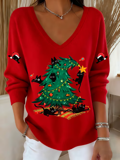 Women's Christmas cat Printed Tops