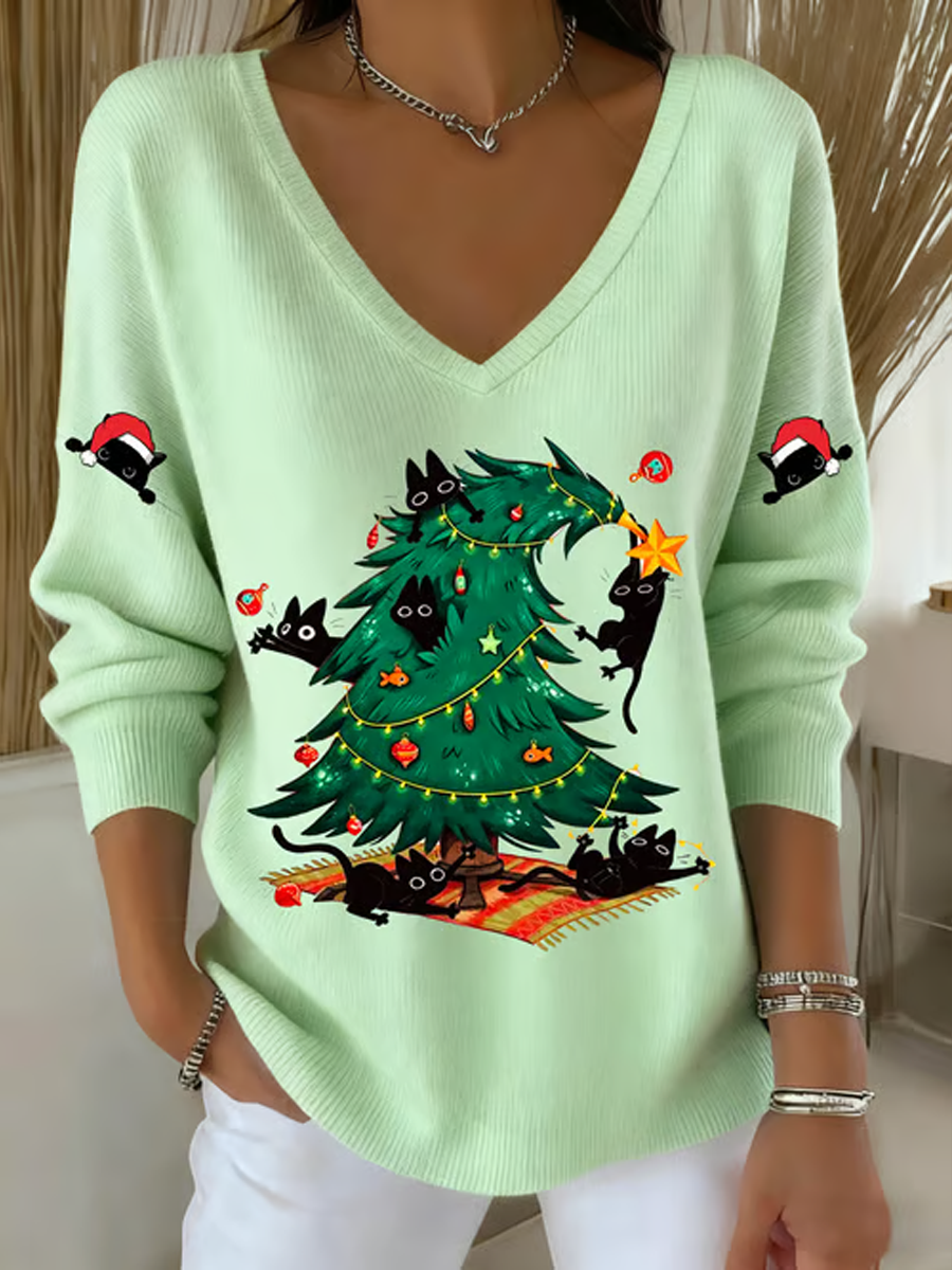 Women's Christmas cat Printed Tops