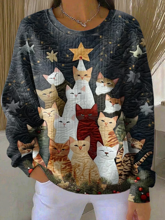 Women's Christmas cat Ribbed Round-Neck Sweatshirt