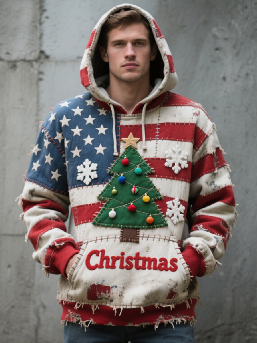 Men's Winter Christmas American Flag Patchwork Christmas Tree Oversized Hoodie