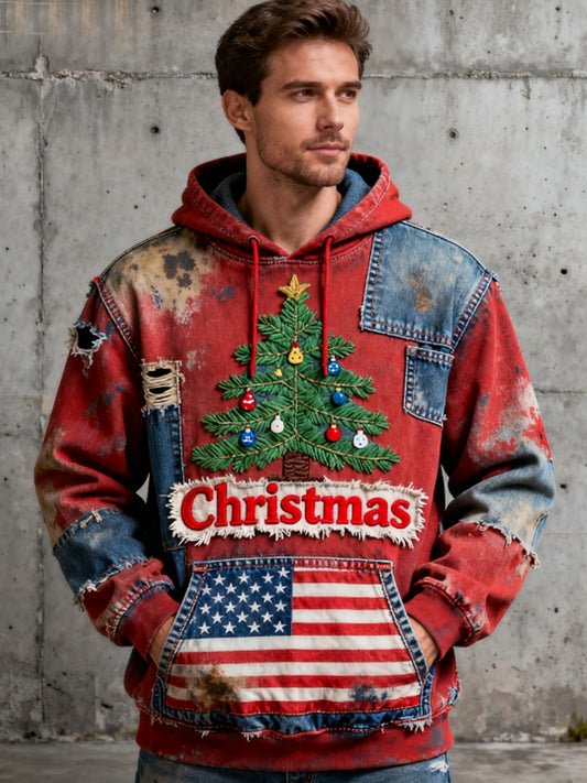 Men's Winter Christmas American Flag Patchwork Christmas Tree Oversized Hoodie