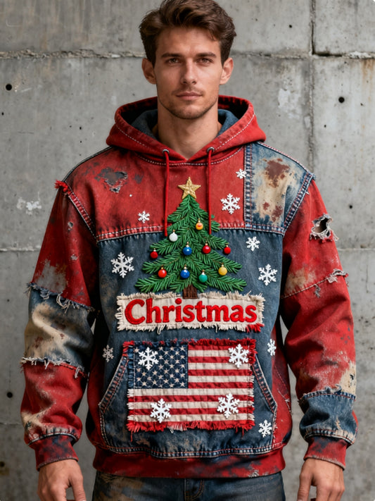 Men's Winter Christmas American Flag Patchwork Christmas Tree Oversized Hoodie