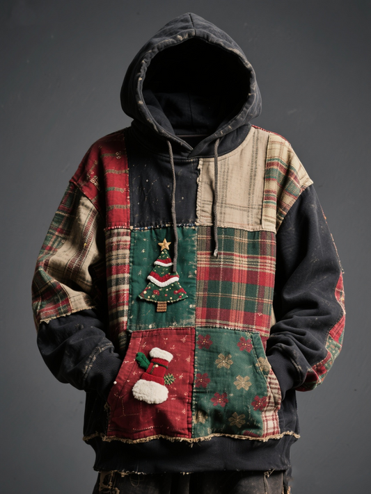 Men's Christmas patchwork Printed Oversized Drop-Shoulder Hoodie with Pockets