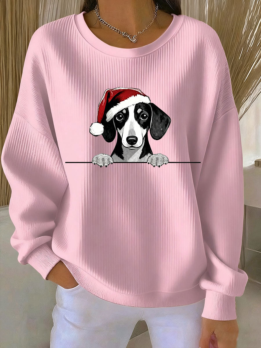 Women's Christmas Hat Dachshund Ribbed Round-Neck Sweatshirt
