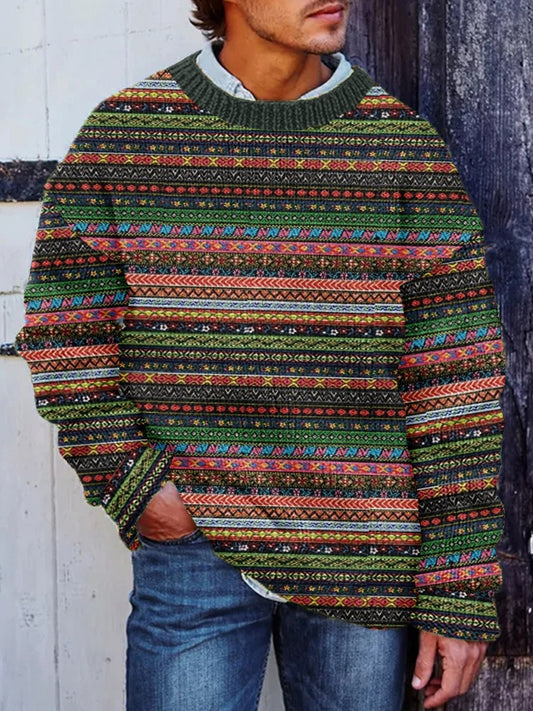 Men's Winter Icelandic Sweater Pullover Chunky Knit Striped Sweater