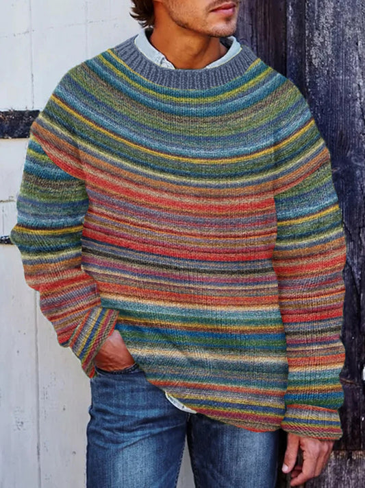 Men's Winter Icelandic Sweater Pullover Chunky Knit Striped Sweater