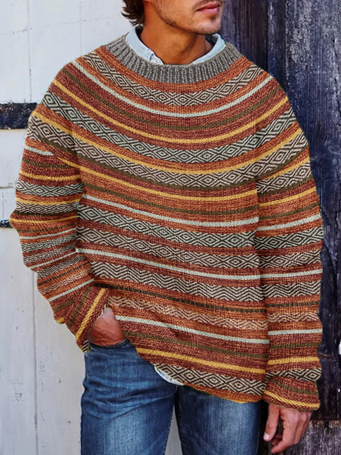 Men's Winter Icelandic Sweater Pullover Chunky Knit Striped Sweater