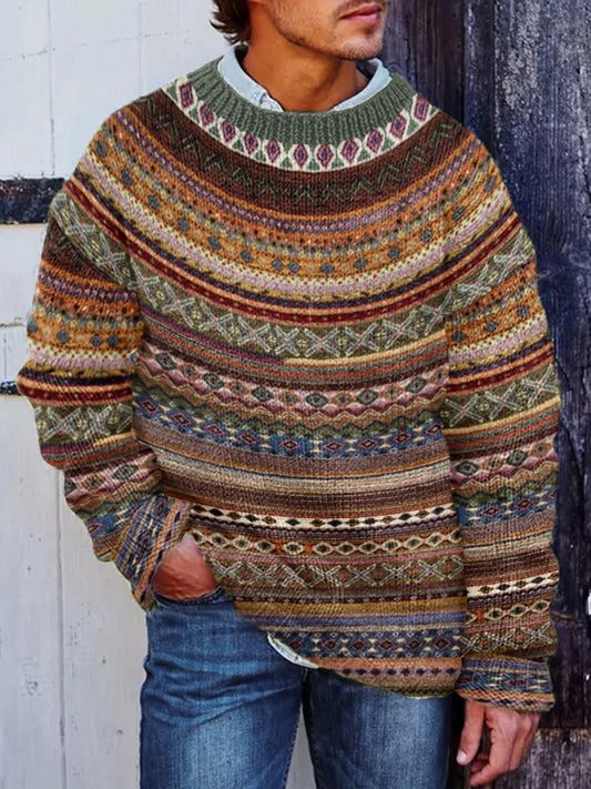 Men's Winter Icelandic Sweater Pullover Chunky Knit Striped Sweater