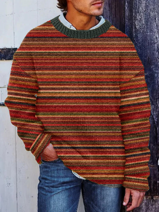 Men's Winter Icelandic Sweater Pullover Chunky Knit Striped Sweater