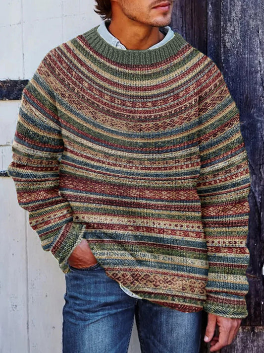 Men's Winter Icelandic Sweater Pullover Chunky Knit Striped Sweater