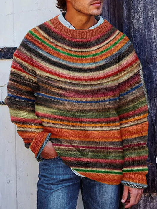Men's Winter Icelandic Sweater Pullover Chunky Knit Striped Sweater