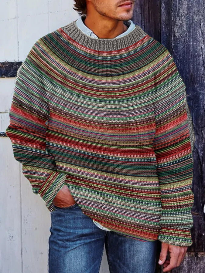 Men's Winter Icelandic Sweater Pullover Chunky Knit Striped Sweater